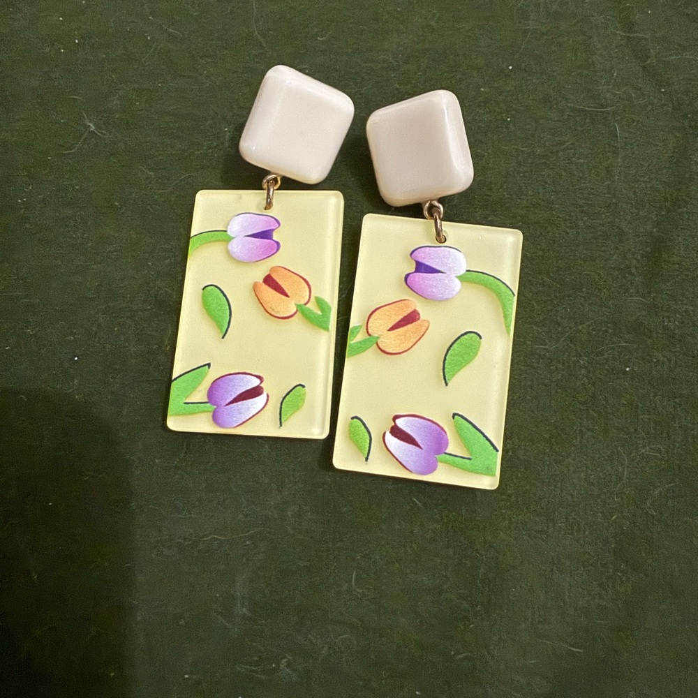 Floral Rectangular Earrings With Square Studs - image 1